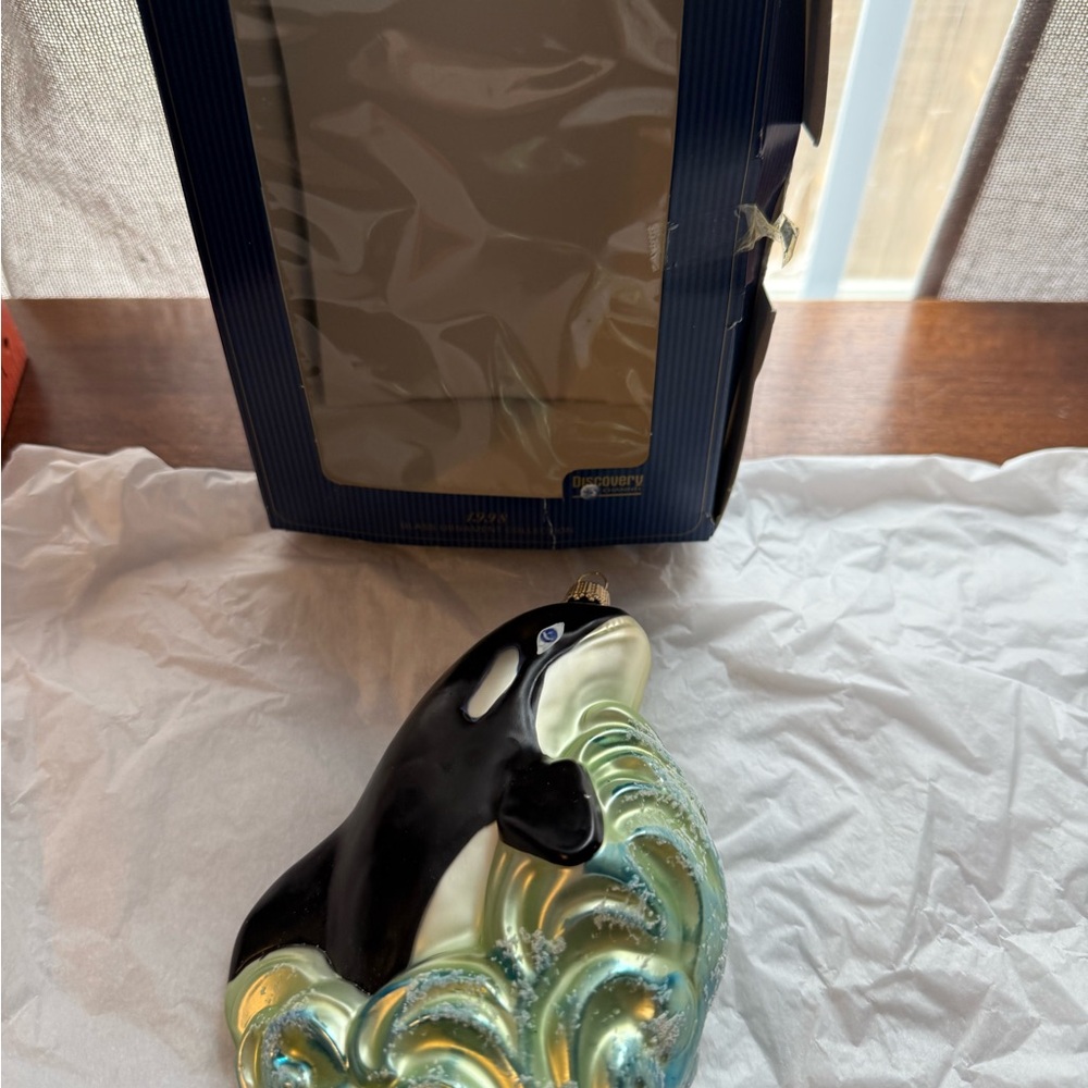 Whale Blown Glass Ornament Orca Christmas Decoration Black White Wave Vtg - Picture 2 of 10